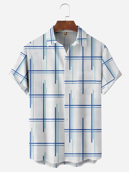 

Geometric Lines Chest Pocket Short Sleeve Casual Shirt, White, Men Shirts