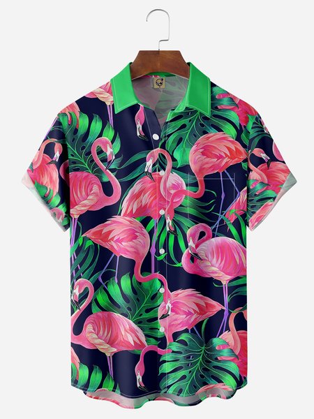 

Flamingo Chest Pocket Short Sleeve Hawaiian Shirt, Green, Men Shirts