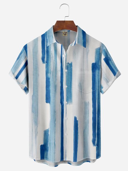 Striped Chest Pocket Short Sleeve Casual Shirt, Blue, Men Shirts