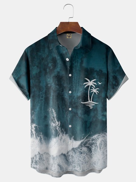 

Coconut Tree Chest Pocket Short Sleeve Bowling Shirt, Blue, Men Shirts