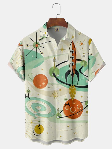 

Mid-Century Geometry Chest Pocket Short Sleeve Shirt, Apricot, Men Shirts