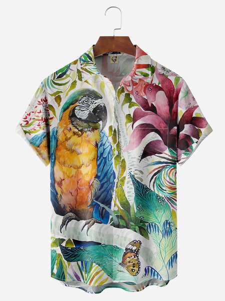 

Parrots Chest Pocket Short Sleeve Hawaiian Shirt, Green, Men Shirts