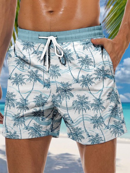 

Coconut Tree Drawstring Beach Shorts, Blue, Men's shorts