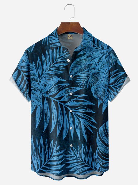 

Palm Leaf Chest Pocket Short Sleeve Hawaiian Shirt, Blue, Men Shirts