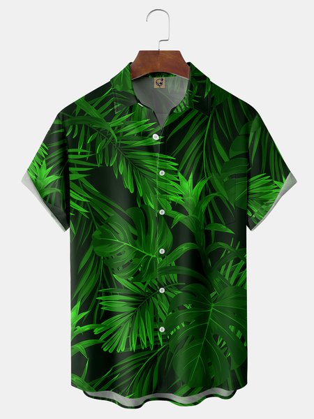 

Leaves Chest Pocket Short Sleeve Hawaiian Shirt, Green, Men Shirts