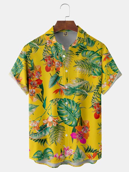 

Tropical Plant Chest Pocket Short Sleeve Hawaiian Shirt, Yellow, Men Shirts