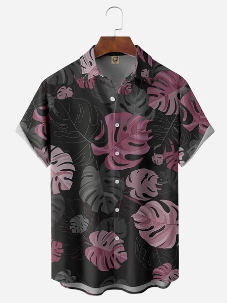 

Monstera Leaf Chest Pocket Short Sleeve Hawaiian Shirt, Black, Men Shirts