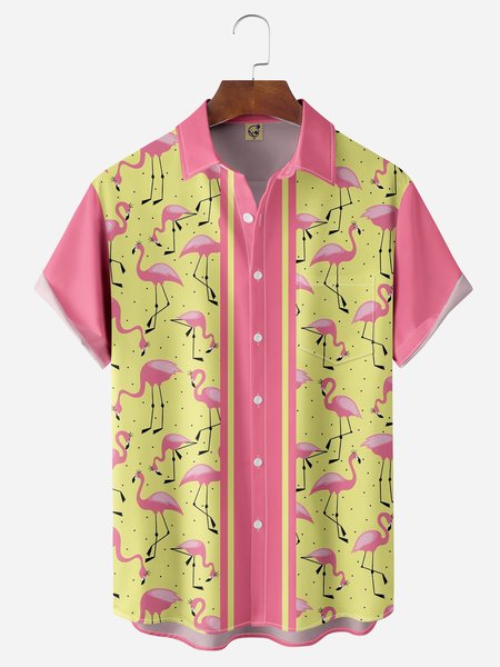 

Flamingo Chest Pocket Short Sleeve Bowling Shirt, Pink, Men Shirts