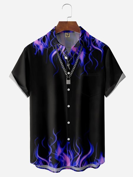 

Flame Chest Pocket Short Sleeve Casual Shirt, Black, Men Shirts