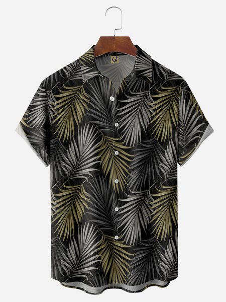 

Palm Leaf Chest Pocket Short Sleeve Hawaiian Shirt, Black, Men Shirts