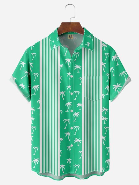 

Coconut Tree Chest Pocket Short Sleeve Bowling Shirt, Green, Men Shirts
