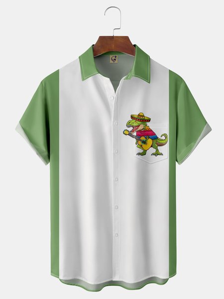 

Cinco De Mayo Dinosaur Chest Pocket Short Sleeve Bowling Shirt, Green, Men Shirts