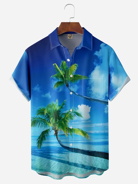 

Coconut Tree Chest Pocket Short Sleeve Hawaiian Shirt, Blue, Men Shirts