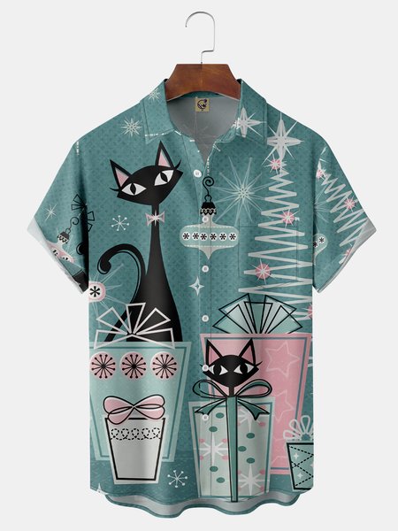 Mid-Century Cat Chest Pocket Short Sleeve Shirt, Blue, Men Shirts