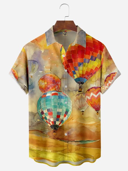 

Hot Air Balloon Chest Pocket Short Sleeve Casual Shirt, Yellow, Men Shirts