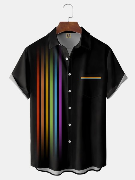 

LGBT Color Stripe Chest Pocket Short Sleeve Bowling Shirt, Black, Men Shirts