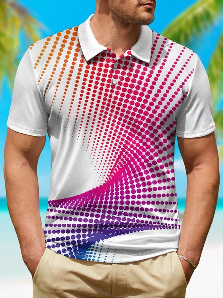 Abstract Polka Dot Button Short Sleeve Golf Polo Shirt, White, Polo Shirts