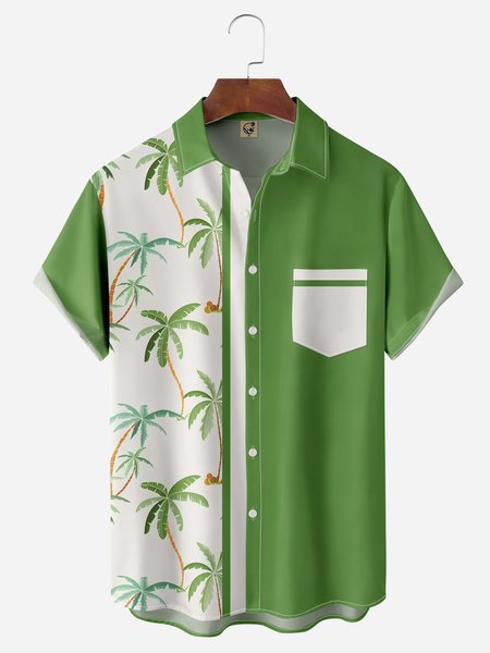 

Coconut Tree Chest Pocket Short Sleeve Bowling Shirt, Green, Men Shirts