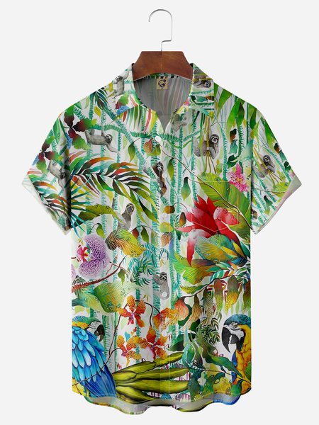

Sloths Parrot Chest Pocket Short Sleeve Hawaiian Shirt, Green, Men Shirts