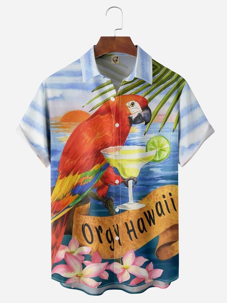 

Parrot Chest Pocket Short Sleeve Hawaiian Shirt, Blue, Men Shirts