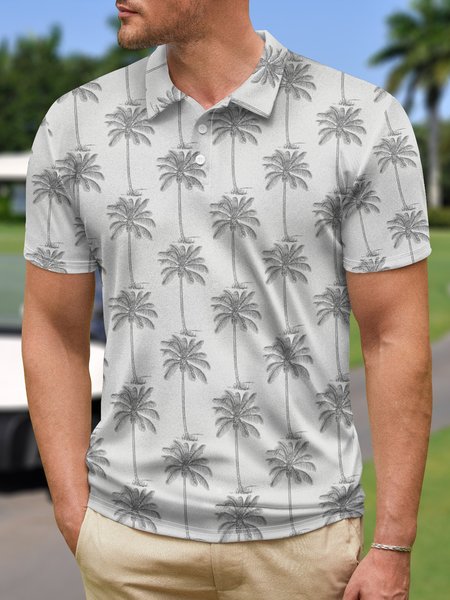 Coconut Tree Button Short Sleeve Polo Shirt, Light gray, Polo Shirts