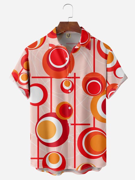 

Geometric Pattern Chest Pocket Short Sleeves Casual Shirts, Orange red, Men Shirts