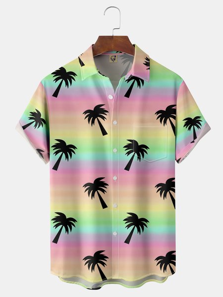 

Coconut Tree Chest Pocket Short Sleeves Hawaiian Shirts, Pink, Men Shirts