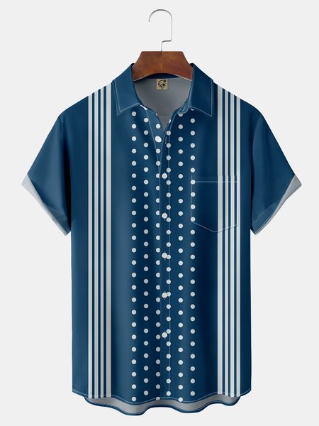 

Striped Polka Dot Chest Pocket Short Sleeve Bowling Shirt, Blue, Men Shirts