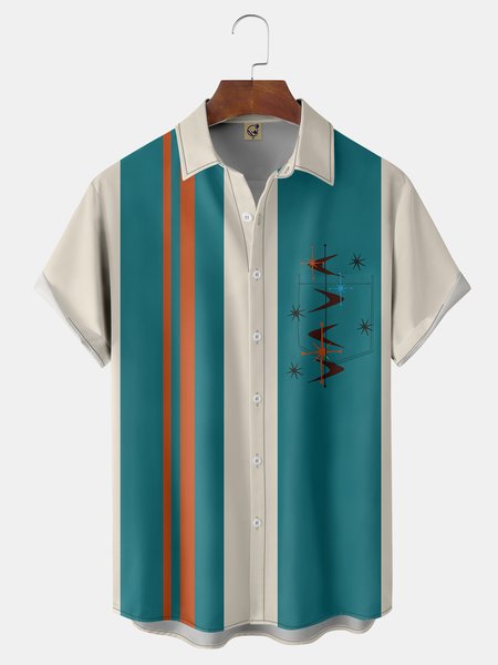 

Mid Century Geometric Chest Pocket Short Sleeve Bowling Shirt, Apricot, Men Shirts