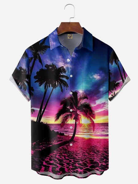 

Coconut Tree Chest Pocket Short Sleeve Hawaiian Shirt, Blue, Men Shirts