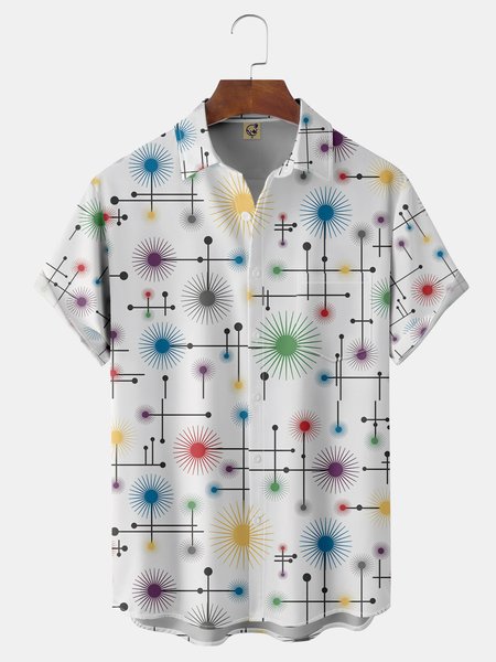 

Mid Century Geometric Lines Chest Pocket Short Sleeve Shirt, White, Men Shirts