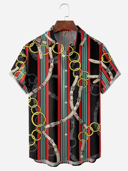 

Geometric Stripe Chest Pocket Short Sleeves Casual Shirts, Black, Men Shirts