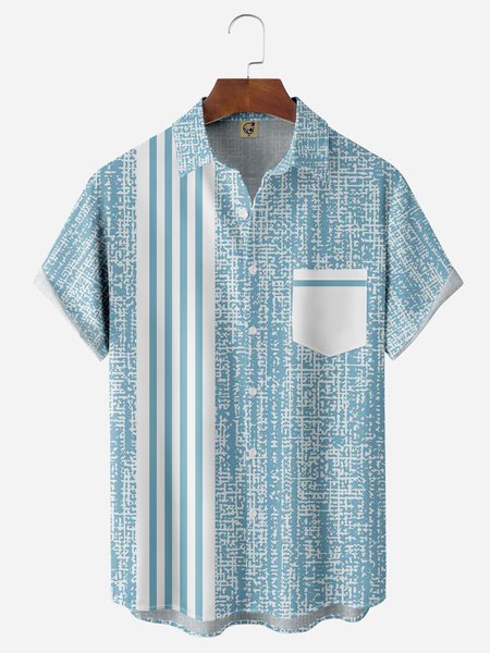 

Geometric Stripe Chest Pocket Short Sleeves Casual Shirts, Blue, Men Shirts