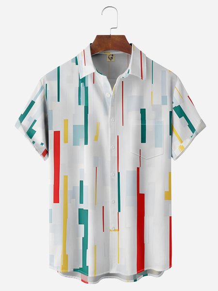 

Geometric Lines Chest Pocket Short Sleeves Casual Shirts, White, Men Shirts