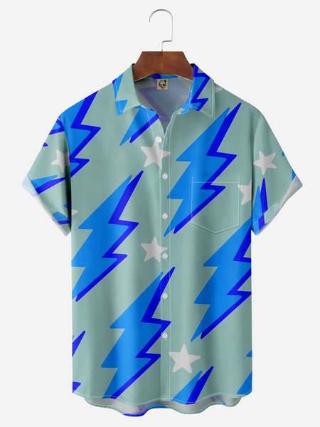 

Geometric Lightning Chest Pocket Short Sleeves Casual Shirt, Green, Men Shirts