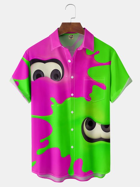 

Geometric Colorblock Chest Pocket Short Sleeves Casual Shirts, Green, Men Shirts