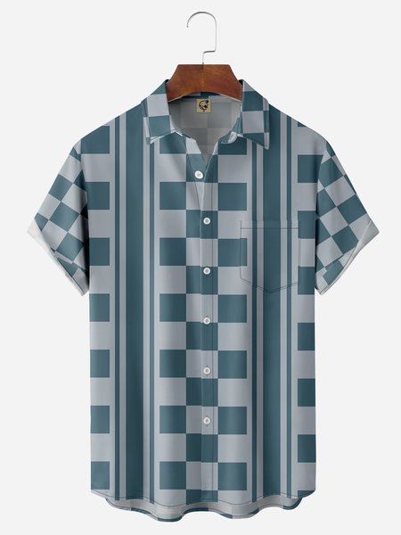 

Geometric Check Chest Pocket Short Sleeve Bowling Shirt, Blue, Men Shirts