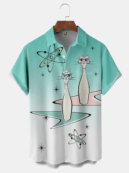 

Mid Century Geometric Cat Chest Pocket Short Sleeve Shirt, Blue, Men Shirts