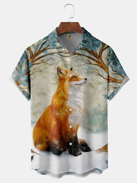 

Fox Chest Pocket Short Sleeve Casual Shirt, Blue, Men Shirts