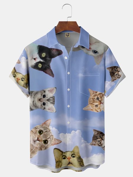 

Cats Watching Chest Pocket Short Sleeve Casual Shirt, Blue, Men Shirts