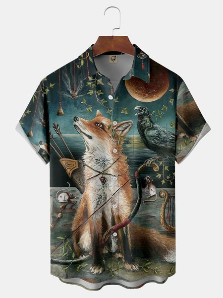 

Hunting Fox Chest Pocket Short Sleeve Casual Shirt, Green, Men Shirts
