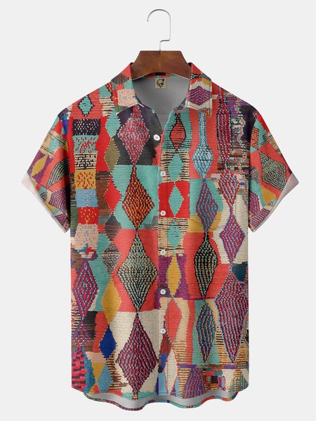 

Ethnic Geometric Chest Pocket Short Sleeve Casual Shirt, Red, Men Shirts