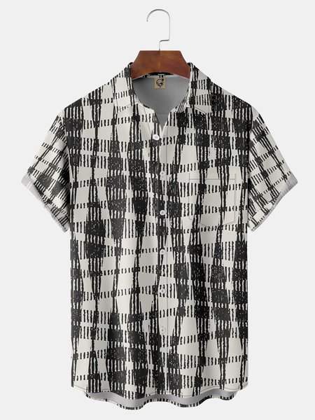 

Geometric Chest Pocket Short Sleeve Casual Shirt, Khaki, Men Shirts