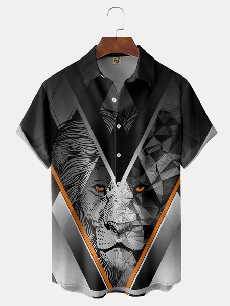 

Lion Chest Pocket Short Sleeve Casual Shirt, Blue, Men Shirts