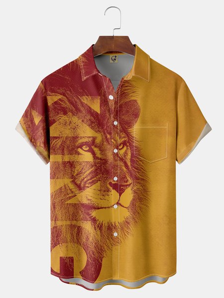 

Lion Chest Pocket Short Sleeve Casual Shirt, Yellow, Men Shirts