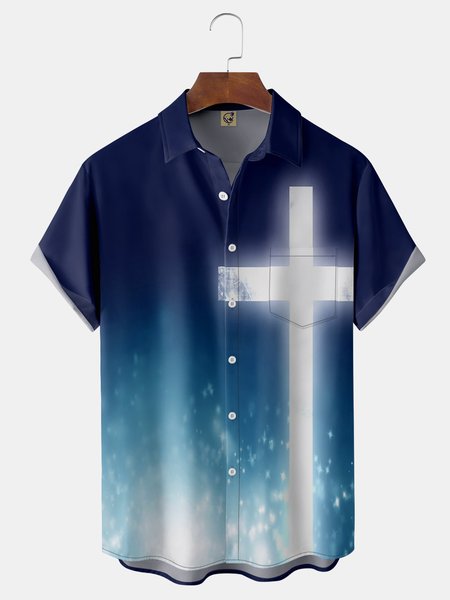 

Crucifix Chest Pocket Short Sleeve Shirt, Blue, Men Shirts