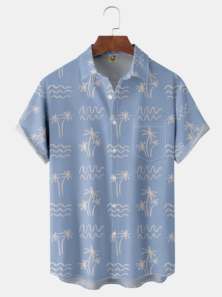 

Coconut Tree Chest Pocket Short Sleeve Hawaiian Shirt, Blue, Men Shirts