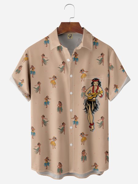 

Hula Girl Chest Pocket Short Sleeve Hawaiian Shirt, Brown, Men Shirts