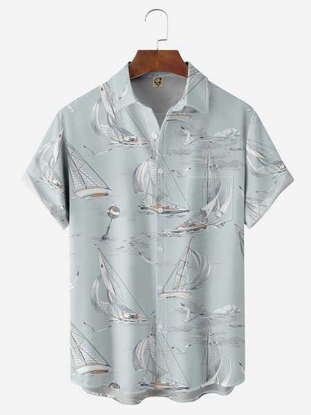 

Sailboat Chest Pocket Short Sleeve Hawaiian Shirt, Blue, Men Shirts