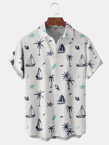 

Coconut Tree Chest Pocket Short Sleeve Hawaiian Shirt, White, Men Shirts